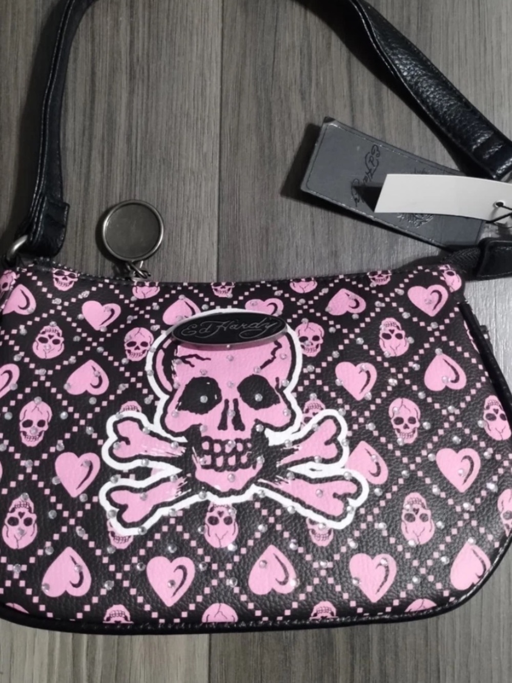 Ed Hardy Black & Pink Skull Crossbones Shoulder Bag NWT - Picture 7 of 11